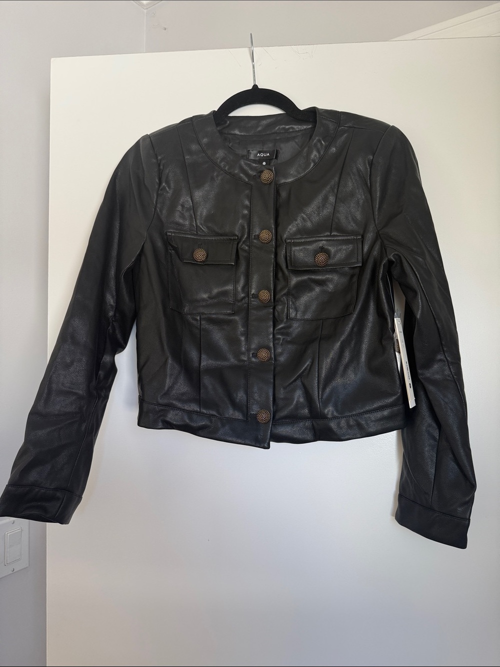 NWT Aqua Black Faux Leather Button-Front cropped Jacket with Pocket Details